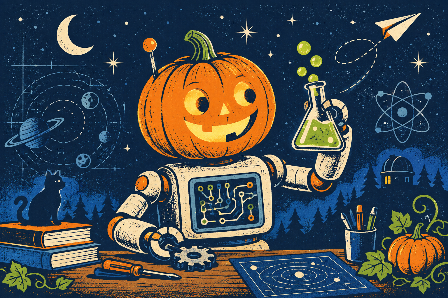 A pumpkin-headed robot mixing a science experiment beside circuit traces, gears, planets, and a star chart